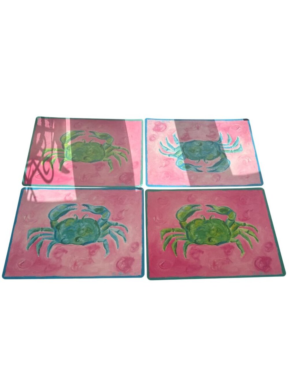 Coastal Sarah Minor Design Crab Placemats Pink Green Nautical Decor Set Of 4